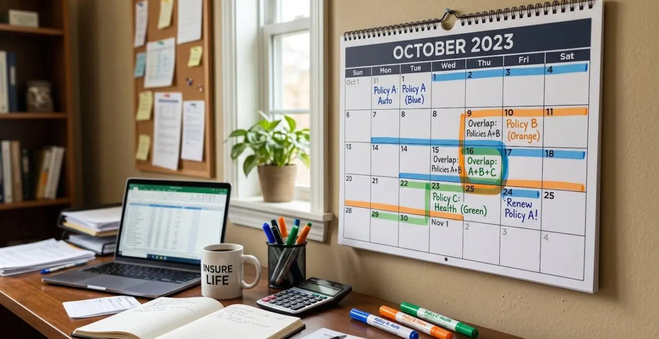 Calendrier avec marqueurs colorés montrant le chevauchement des contrats d'assurance
