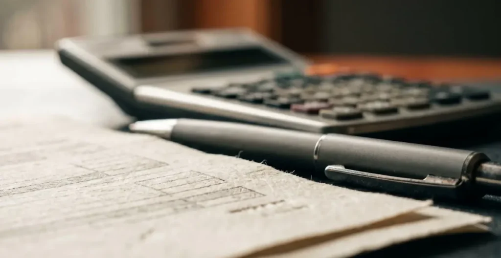 Vue macro de documents financiers avec calculatrice et stylo dans une lumière naturelle Vue macro de documents financiers avec calculatrice et stylo dans une lumière naturelle